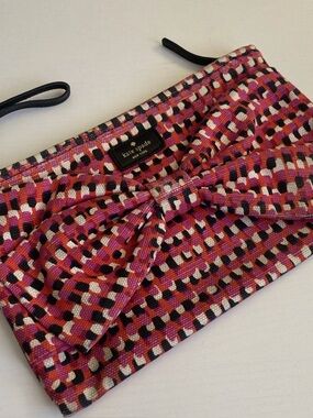 Kate Spade New York Pink/White Plaid Checkered Bow Tie Canvas Clutch/Wristlet